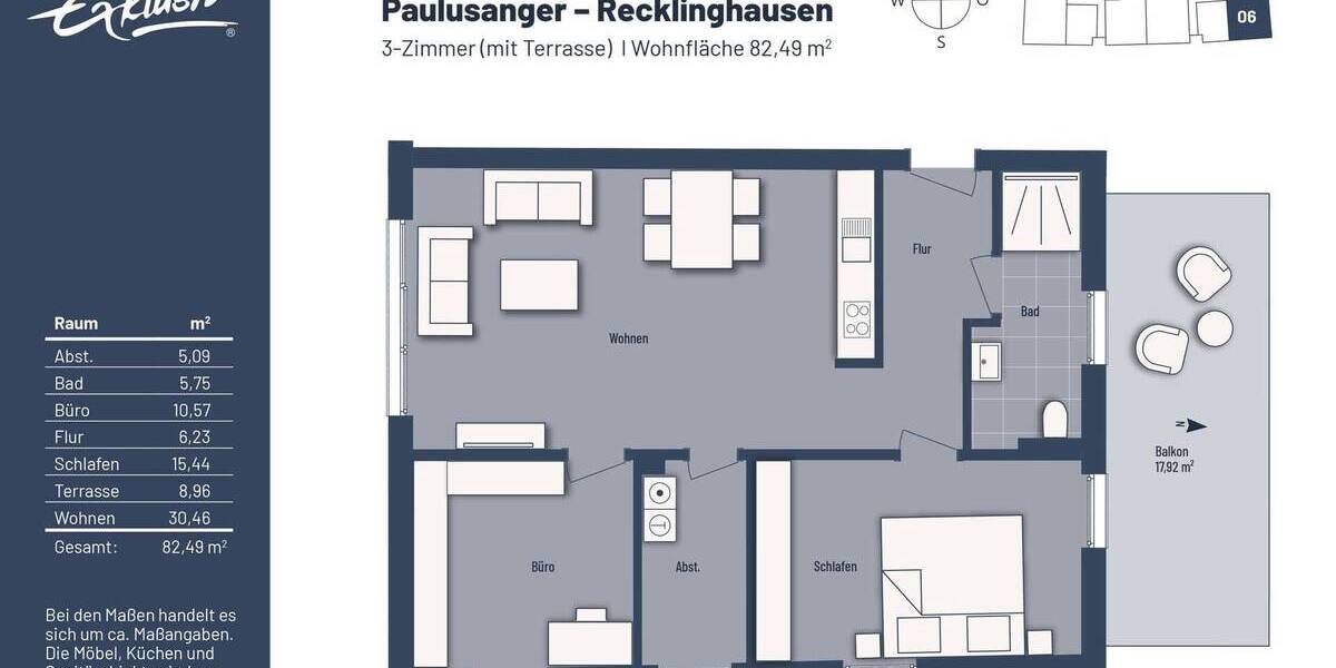 Etagenwohnung Recklinghausen Stadtmitte - 3 Zimmer, 82 m&sup2;, 369.000&euro; | Angebot:24043646