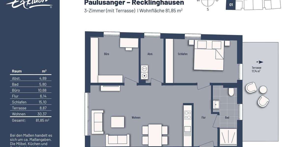 Etagenwohnung Recklinghausen - 3 Zimmer, 82 m&sup2;, 1.100&euro; | Angebot:26563104
