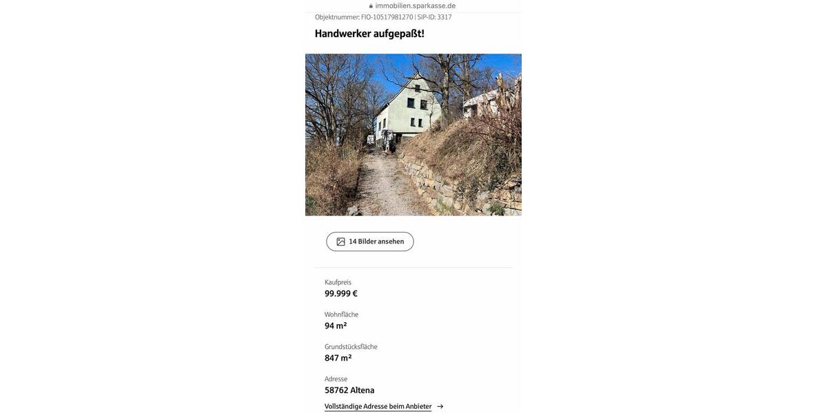 Einfamilienhaus Altena - 99.999&euro; | Angebot:24622260