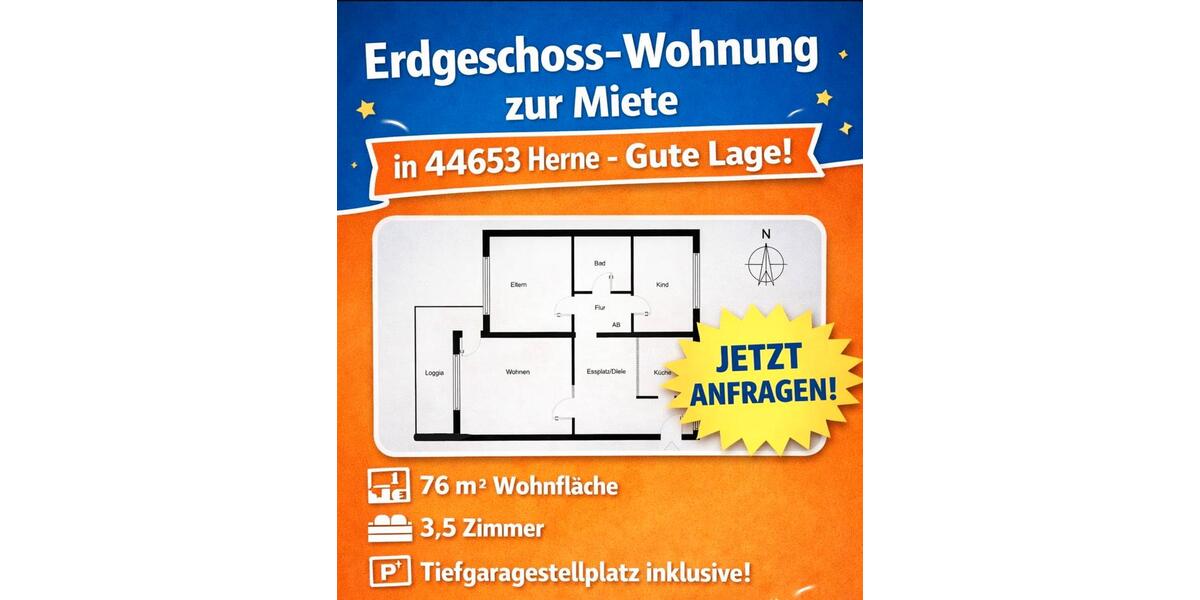 Erdgeschoßwohnung Herne Wanne - 3.5 Zimmer, 76 m&sup2;, 1.285&euro; | Angebot:25936398