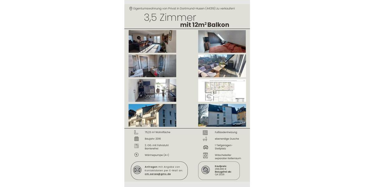 Etagenwohnung Dortmund Brackel - 3.5 Zimmer, 75 m&sup2;, 289.000&euro; | Angebot:26047056